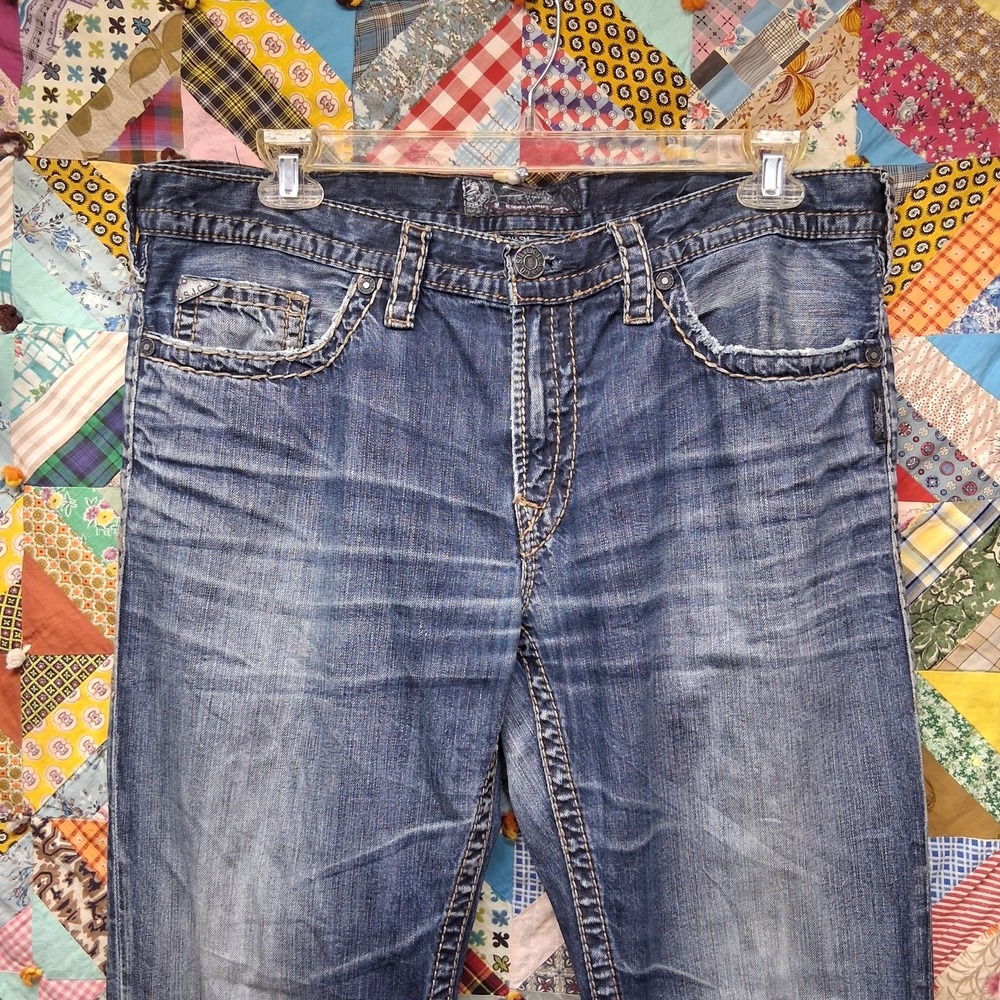 Silver Jeans Nash Heritage Mens 36x32 Straight Leg Blue Denim Thick Stitch Jeans
